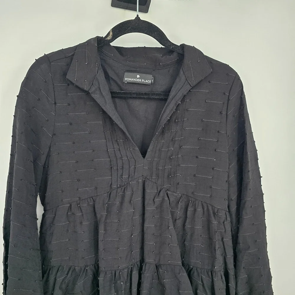 Pomander Place Black Tiered Mini Dress Long Sleeve Dobby Clip Dot Small Y19560T - Picture 3 of 11